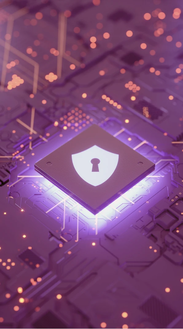 Vertical 3D illustration of a futuristic computer chip featuring a glowing white shield and keyhole symbol, set on a detailed purple circuit board with floating golden particles.